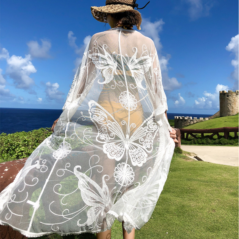 Sexy Sunscreen Women&#039;s Cardigan Lace Beach Holiday Bikini Medium Length Jacket Swimsuit Blouse Shawl-image-678466751