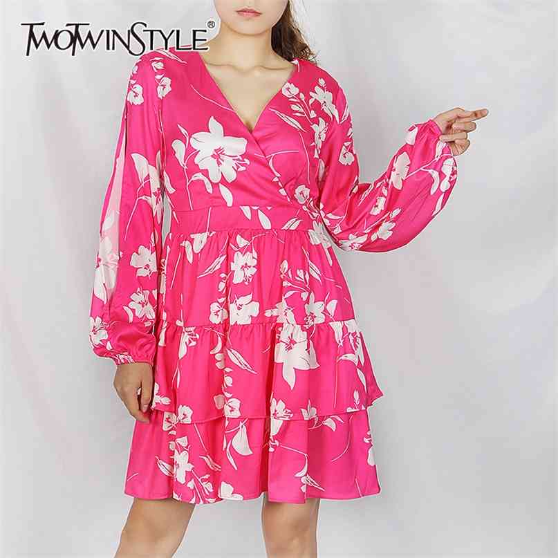 

Pink Print Mini Women's Dress V Neck Long Sleeve High Waist Hollow Out Elegant Dresses Female Clothing 210520, Rosered