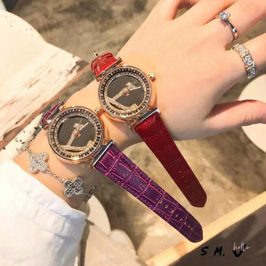 

Brand Watches for Women Lady crystal Big letters style Leather strap Quartz wrist Watch L50, Black