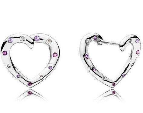 

925 Sterling Silver Earring Bright Heart With Purple Crystal Stud Earring For Women pandora Wedding Gift Jewelry