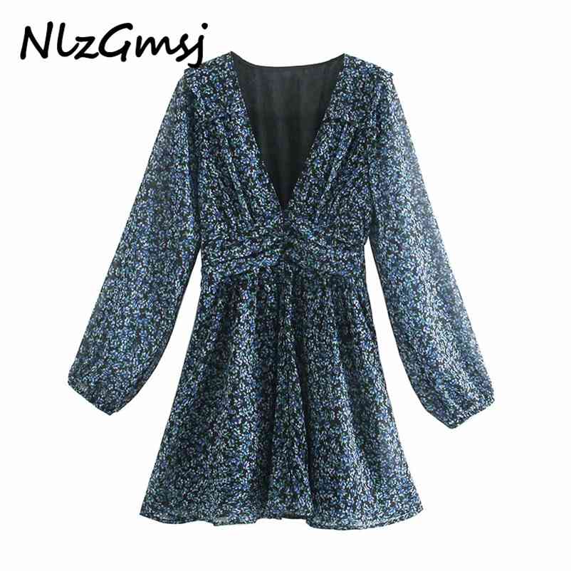 

Dres Fashion Flowers Print Chiffon V Neck Long Sleeve Waist Strethy Mini 210628, As picture