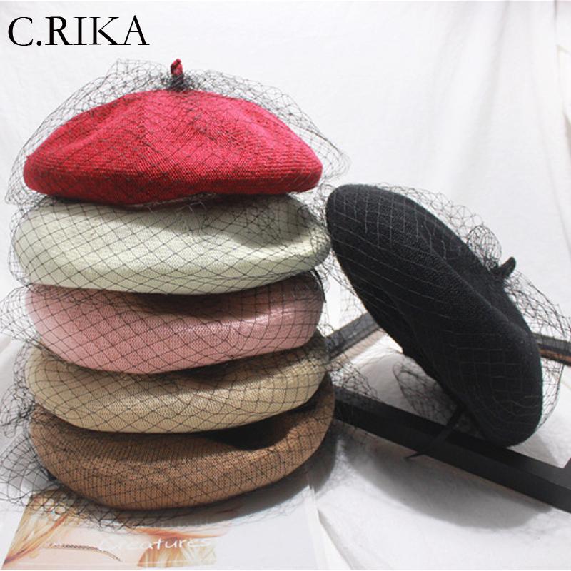 

Berets 2021 Fashion Vintage Net Yarn Women Elegant Wedding Hat Painter Autumn Winter Female Girls Outdoor Warm Beret, Blue;gray