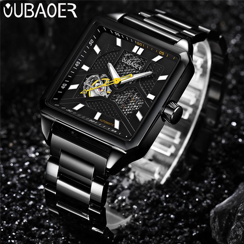 

Wristwatches Automatic Mechanical Men Watch OUBAOER Top Stainless Steel Mens Watches Military Sport Skeleton Male Clock 2021, Slivery;brown