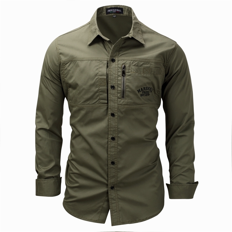 

New large men's long sleeve Lapel zipper SHIRT COTTON outdoor casual shirt 117 military green, Black