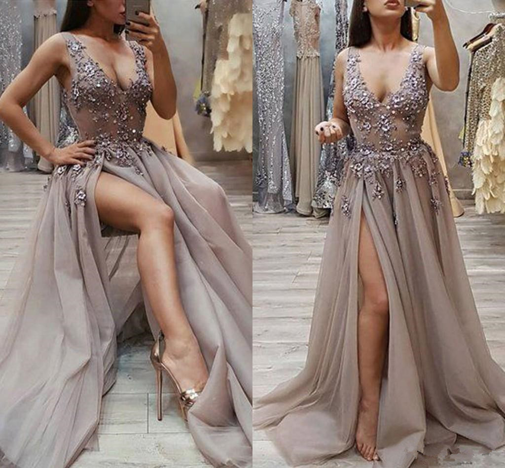 

Luxury Crystal Beaded Evening Dresses Brown Sexy Split Fairy Tulle Prom Gown Vestidos de fiesta largos, Black