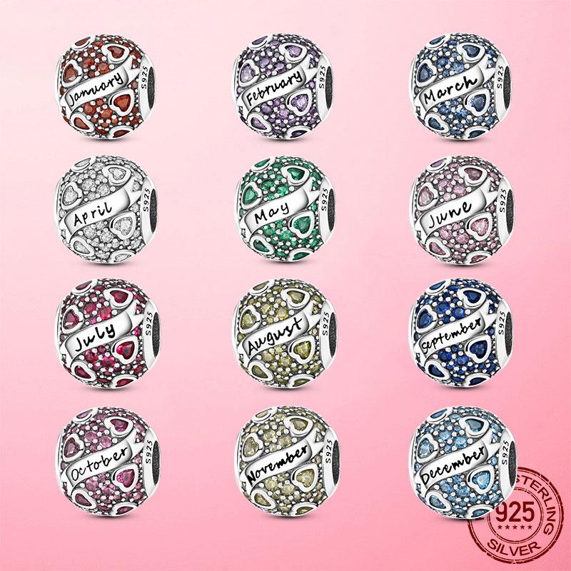 

Other Birthstone Charm 925 Sterling Silver Multiple CZ Love Heart Birthday Stone Beads Fit Original Bracelet Jewellery