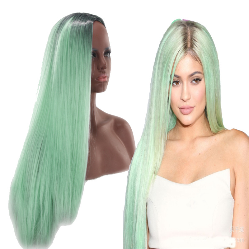 

26~28 inches Straight Synthetic Wig That Look Real Ombre Green Color Simulation Human Remy Hair Wigs perruques de cheveux humains C0225, A003
