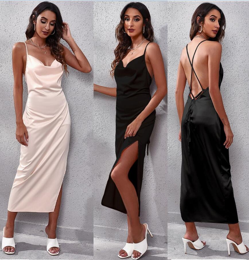 

Silk dresses party evening dress Formal Sexy Skinny Womens long dress Split Sashes Slim Outfits Casual Fashion Women Bodycon Skirt Brief thin straps summer v neck, Black
