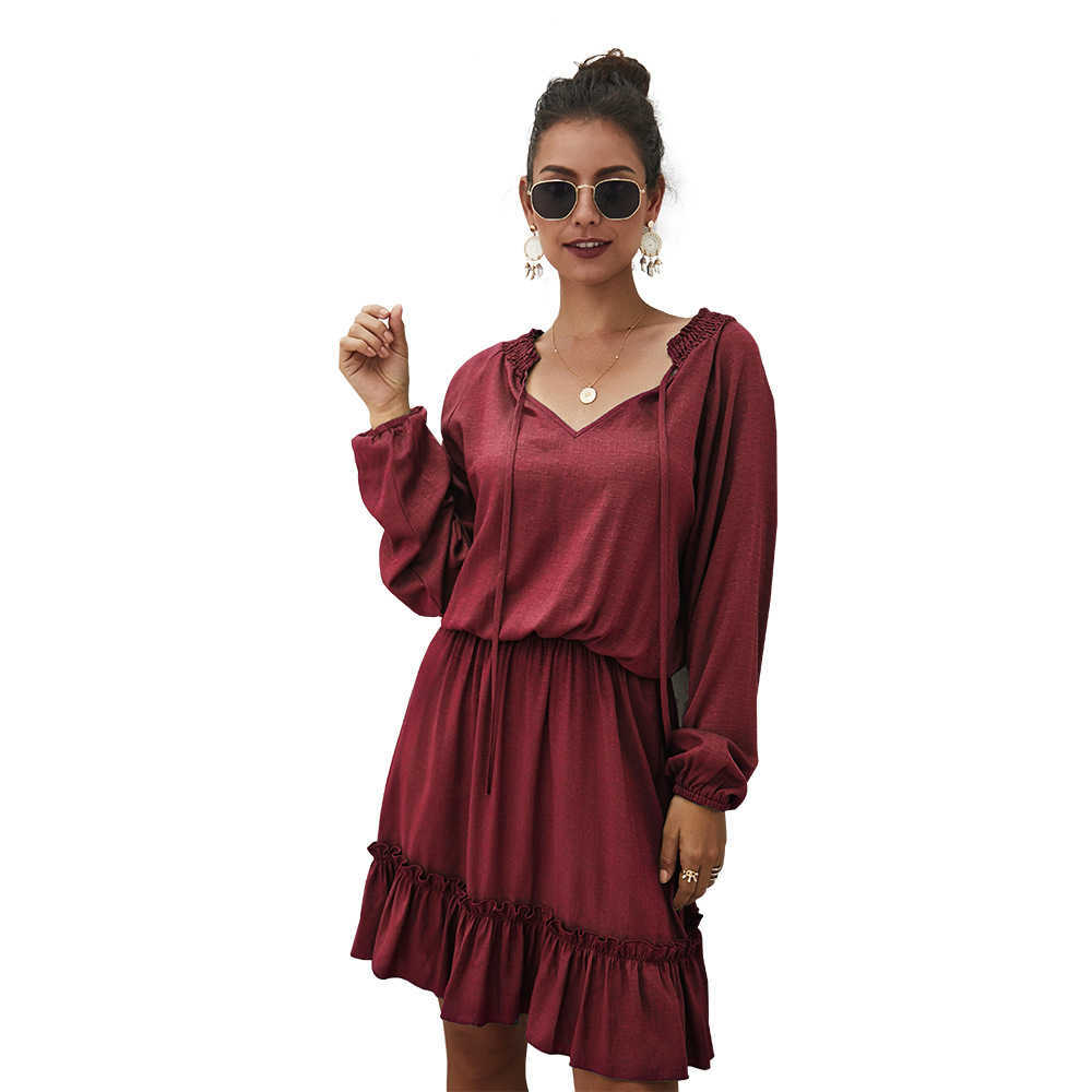

Solid Casual Loose Ruffles Women Dress Sexy V-Neck Long Sleeve Spring Autumn Harujuku Dress W905 210526, Burgundy