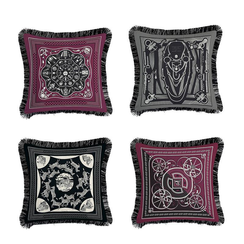 

Classic Black White Sofa Decorative Pillow Cases European Luxury Tassel Cushion Covers Double Side Printing Pillowcases