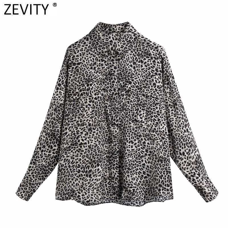 

Zevity Spring Women Sexy Leopard Print Double Pockets Patch Smock Blouse Office Ladies Retro Shirts Chic Blusas Tops LS7510 210603, As pic ls7510bb