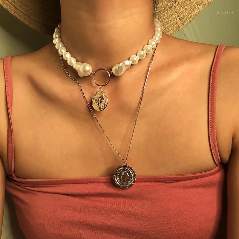 

Pendant Necklaces Fashion Jewelry Woman Multilayer Necklace Engraved Figure Pearl Bead Metal Charm For Girls Arrival, Silver