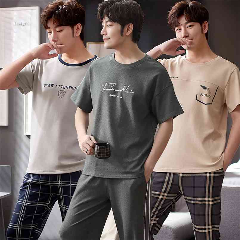Plus Size Spring Summer Short Sleeve Long Pants Cotton Pajama Sets for Men Sleepwear Suit Pyjama Male Homewear Home Clothes 210812