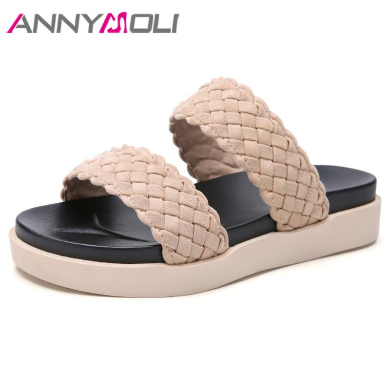 

Slippers ANNYMOLI Women Shoes Flat Platform Flats Designer Summer Slides Female Fashion Outdoor Sandals Apricot Size 35-40, Black