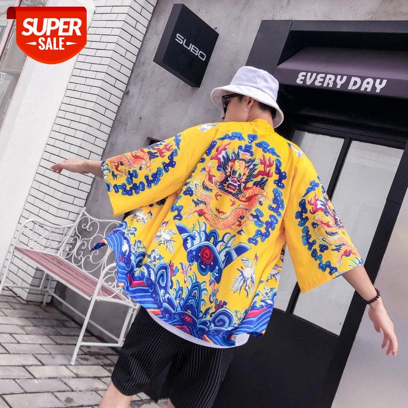 

Chinese style dragon print cloak, three-quarter sleeves beach shirt coat, road gown #Et1D, White;black