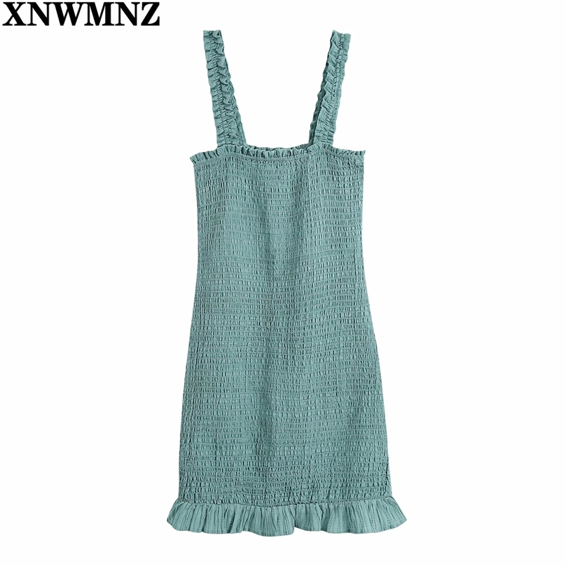 

Fashion Ruffled Hem Smocked Mini Dress Women Vintage Chic Green Backless Wide Straps Female Dresses Vestidos Mujer 210520