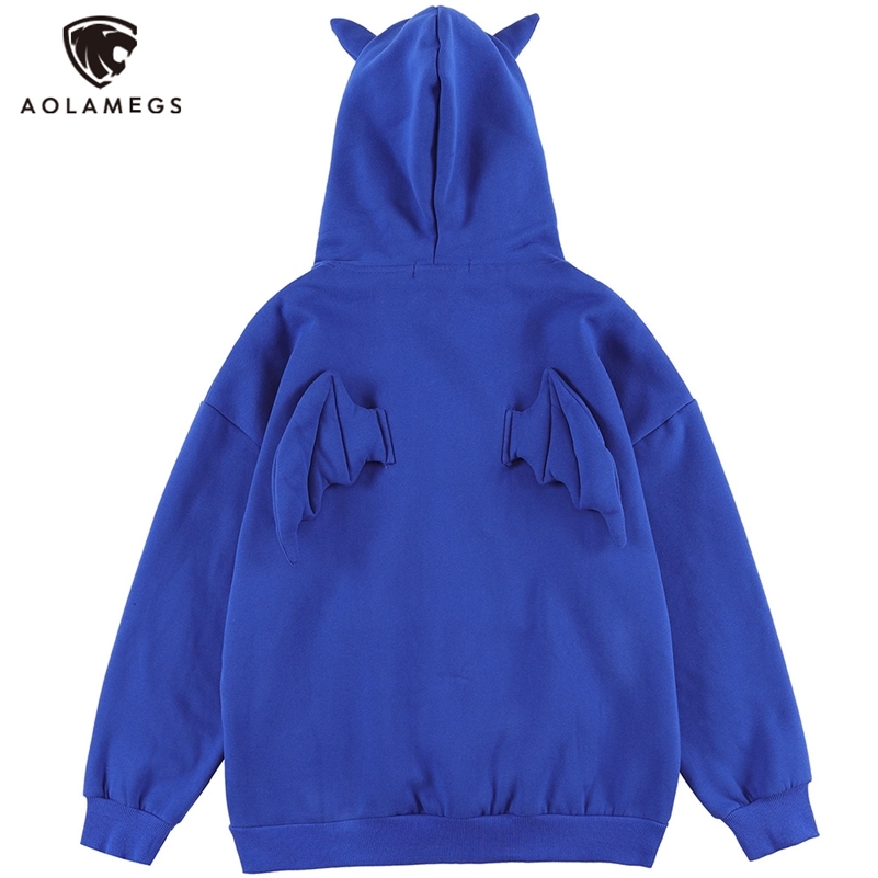 

Aolamegs Hoodies Men Demon Horns Solid Color Fleece Hooded Pullovers Soft Cozy Hipster Tops Hip Hop Punk Loose Casual Streetwear 220223, Blue