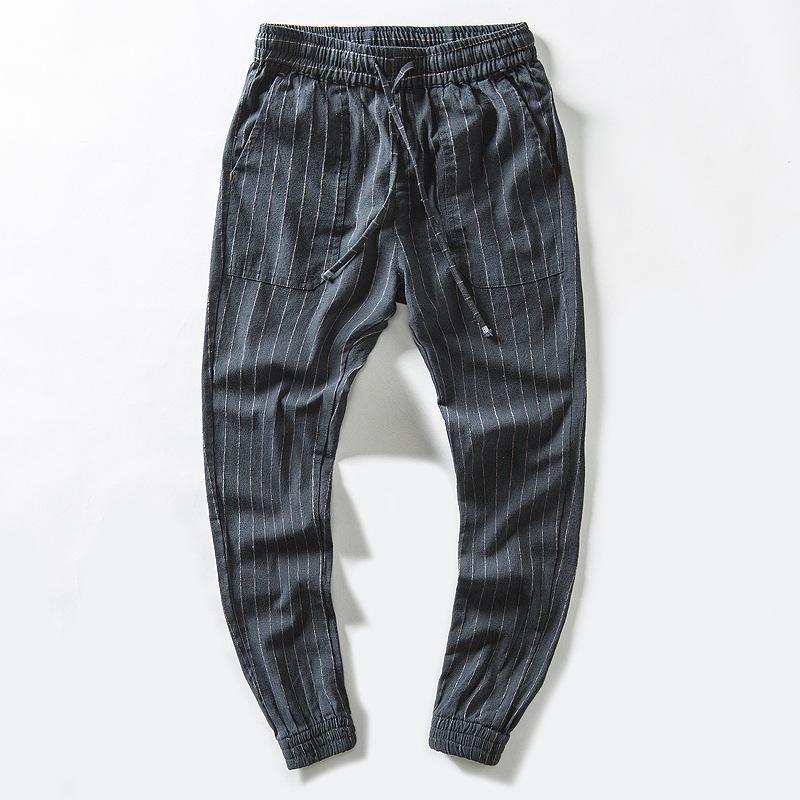 

Spring And Summer Men's Casual Pants Loose Linen Youth Striped Leggings Lace Up, Gray