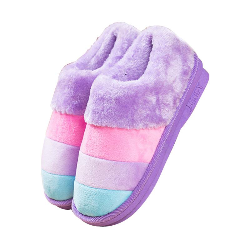 

Slippers Women Winter Home Stripe Shoes Non-slip Soft Warm Indoor Bedroom Loves Couple Floor, Purple