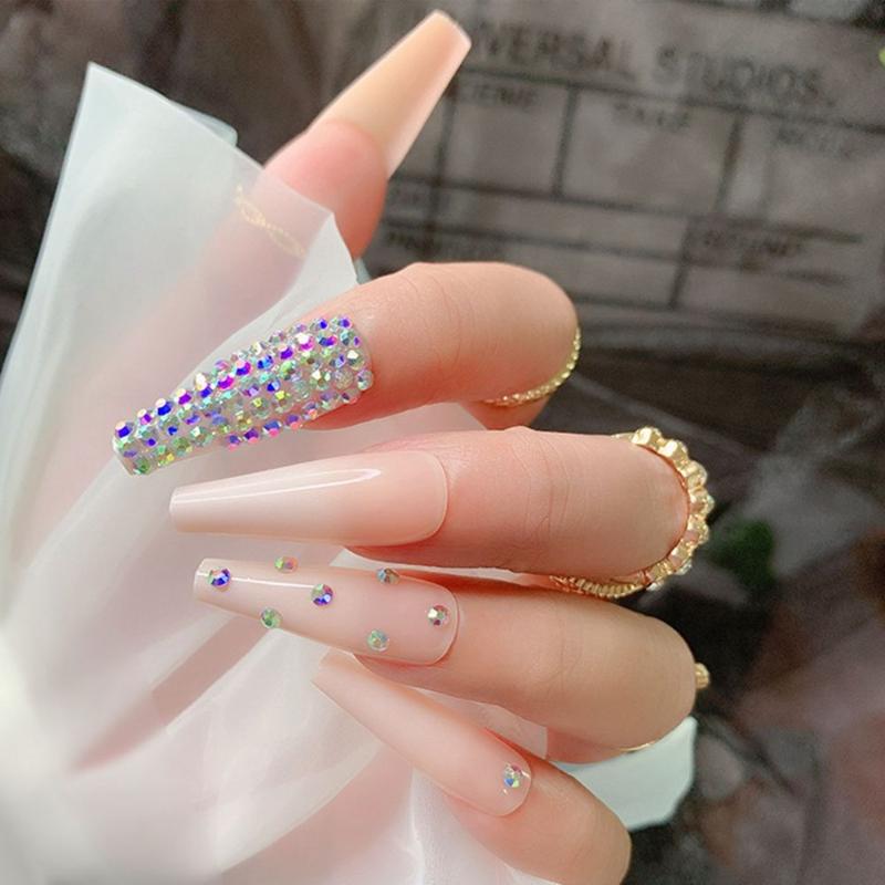 

False Nails 24Pcs/Box Rhinestone Long Coffin Artificial Ballerina Wearable Stiletto Fake Full Cover Nail Tips With Glue, 04