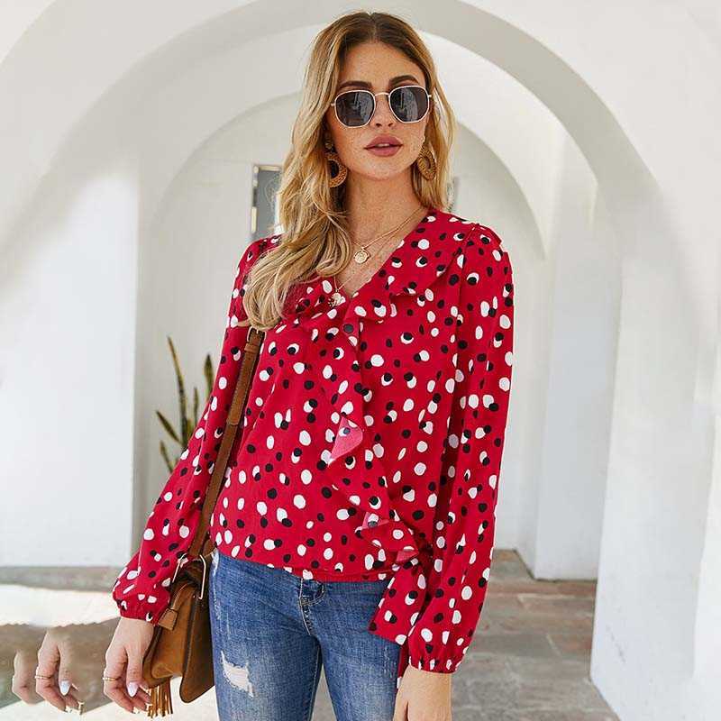 

Vintage Polka Dot Women Blouse Sexy V-Neck Long Sleeve Patchwork Spring Autumn Elegant Office Lady Shirts W655 210526, Red