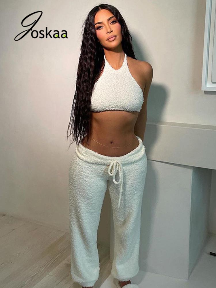 

Women' Two Piece Pants Joskaa Sexy Set Women Clothing White Crop Tank Top And Sweatpants Matching Falll 2021 Casual Home Fitness Tracksuits