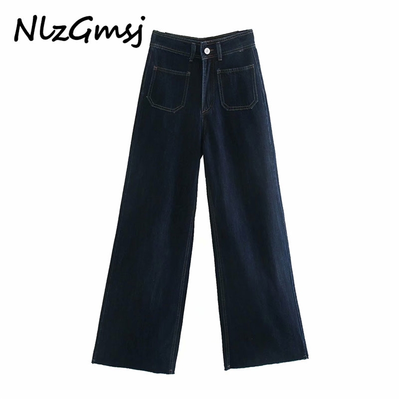 

Jean Fashion Side Pockets Faded Wide Leg Vintage High Waist Zipper Fly Denim Female Trousers Mujer 210628, As picture