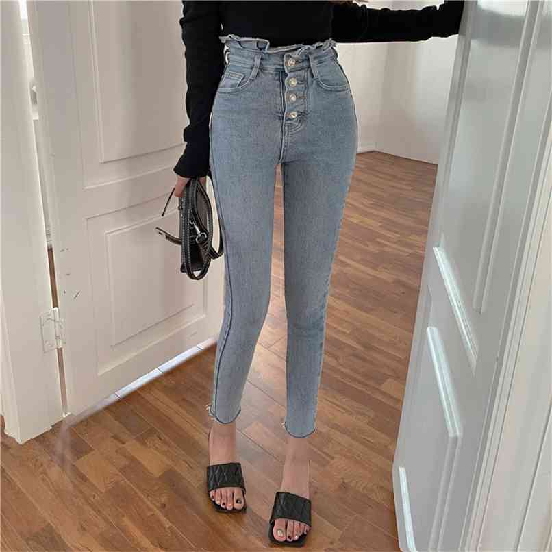 

sale high waist women jeans chic fashion stretch tight trousers Korean version ins heavy diamond buckle 210520, Blue