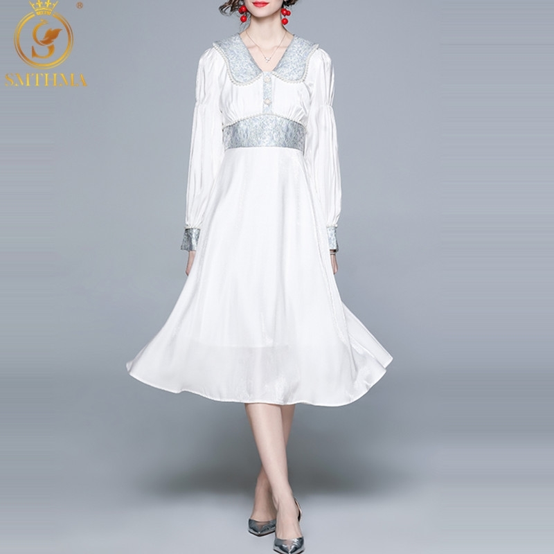 

Fashion Runway Spring Midi Dress Women Long Sleeve Jacquard Patchwork Beaded Vintage Female Pleated Vestidos 210520, Photo color