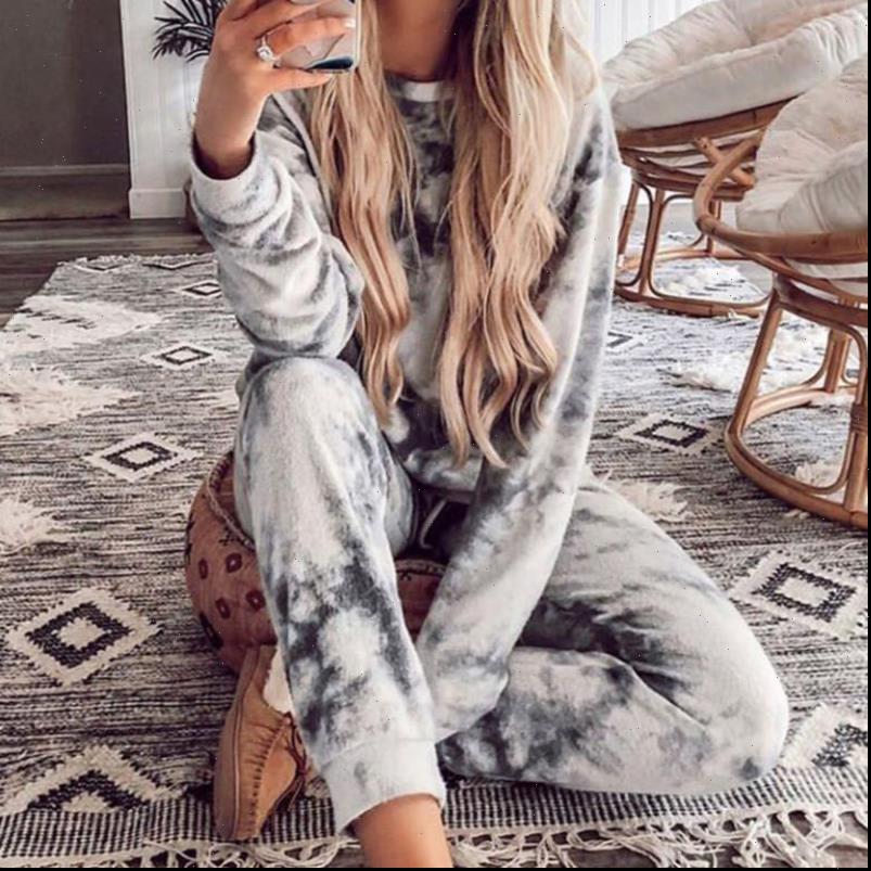 

casual tie dye tracksuit pijama womenpant home two piece lounge wear sweatshirts suit loose outfits ropa mujer autumn clothes, White
