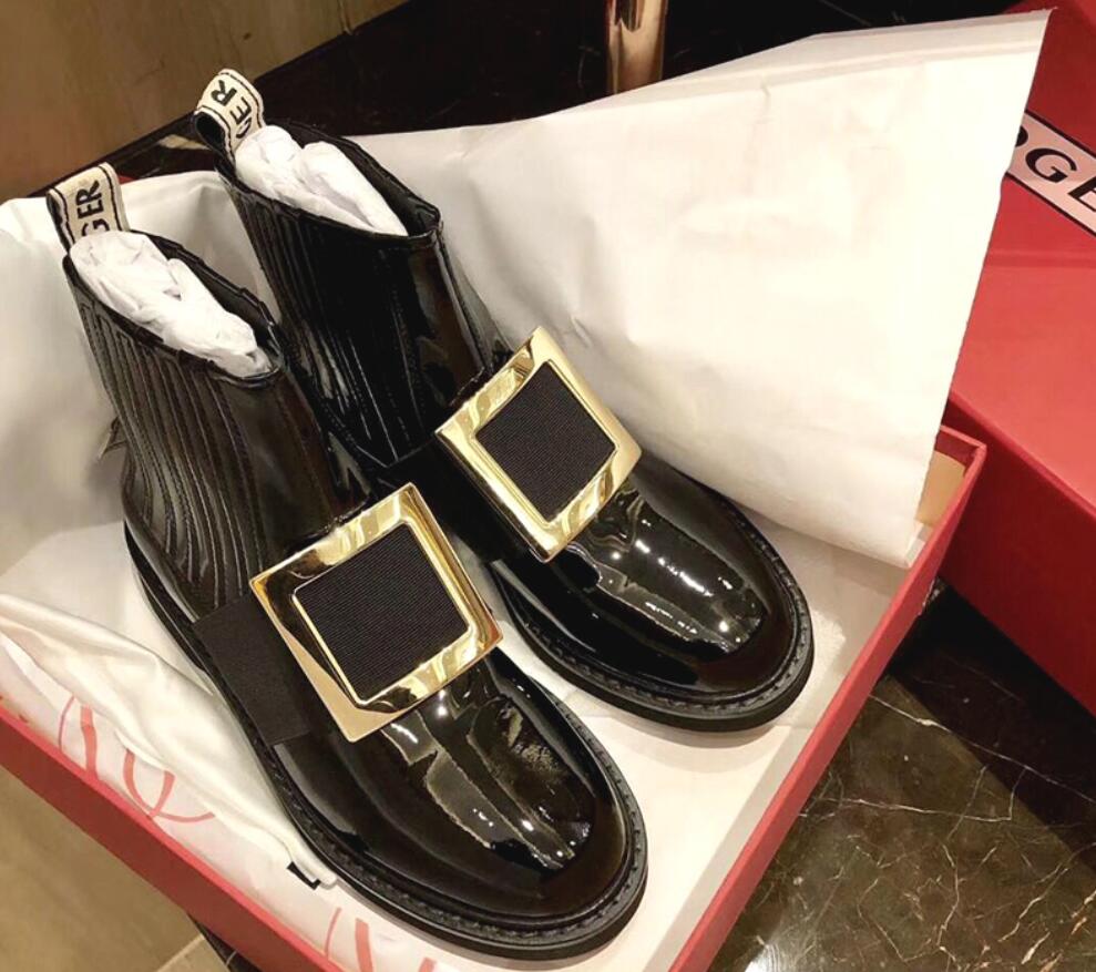 

patent leather square buckle rhinestone elastic short boots Rubber Sole autumn and winter sleeve Chelsea black Martin boot round toe single womeny