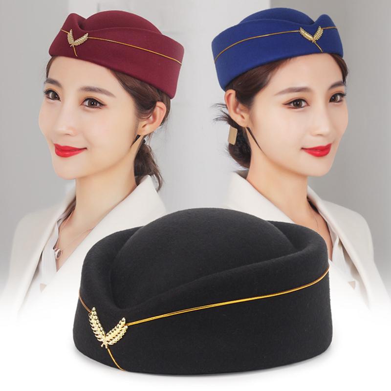 

Beanies Wool Felt Air Hostesses Beret Hat Base Cap Airline Stewardess Sexy Formal Uniform Caps Accessory