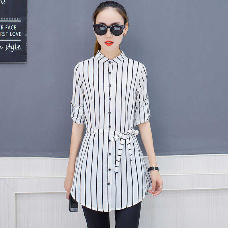 

Long Style Women Spring Summer Chiffon Blouses Shirts Lady Casual Sleeve Striped Blusas Tops with Belt DF1949 210609, Black
