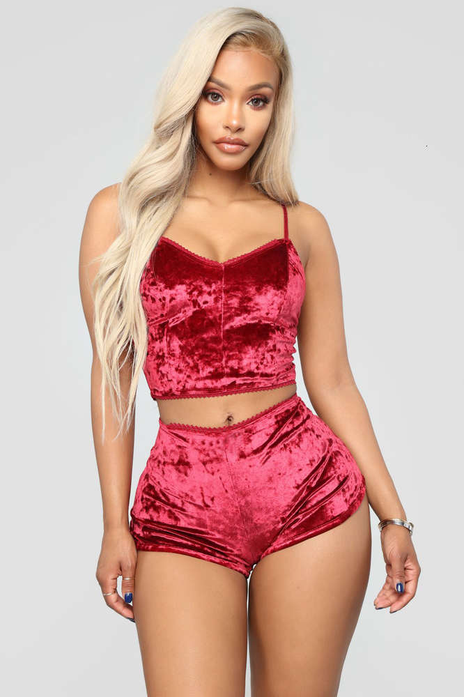 

Fashion Women 2pcs Velvet Sleepwear Sexy Spaghetti Strap Velvet Vest Shorts Pajama Set Ladies Sleepwear Female Lingerie Sets, Black;red