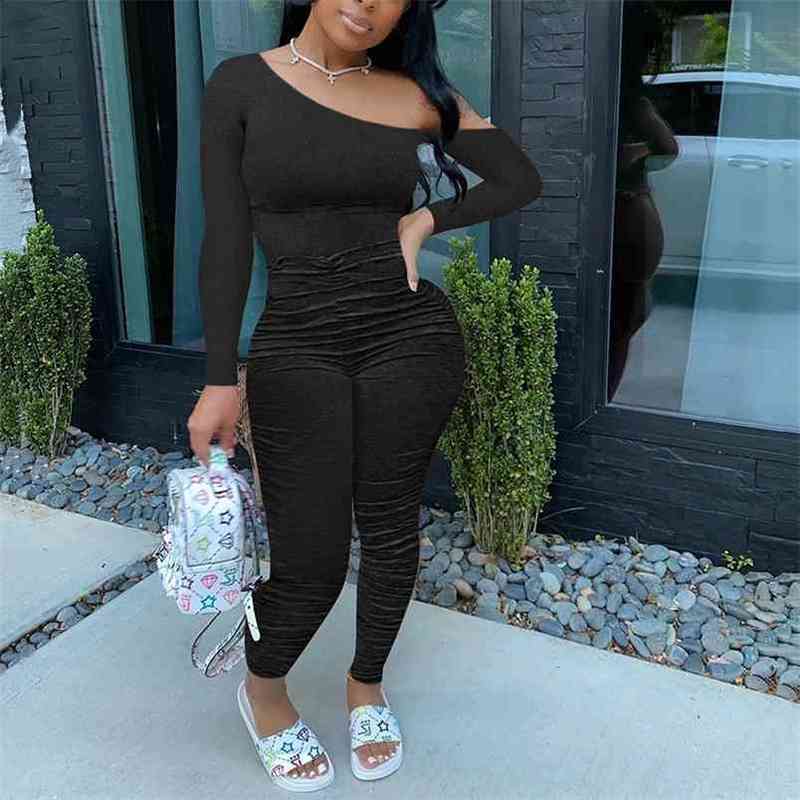 

Fall Winter Streetwear Rompers Off-shoulder Long Sleeve Pleated Sexy Bodycon Solid Color Jumpsuit Outfits Workout Women Playsuit 210517, Beige