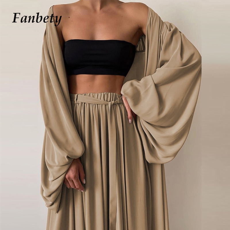 

Women Elegant Lantern Sleeve Cardigan Tops+Wide Leg Pants Suits 2021 Spring Casual Loose Three Piece Set Ladies Fashion Homewear, White
