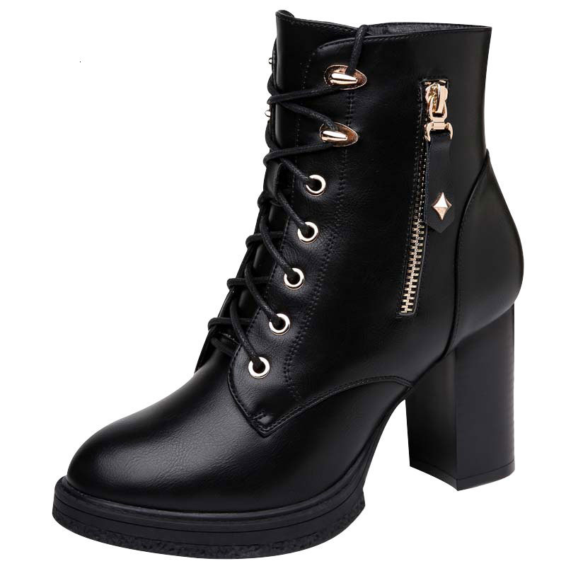 

Boots Soft Sheepskin Leather Women Black Mid Calf Motorcycle Female Autumn Winter Shoes Woman Square High Heels M0016 8BZW, Autumn fashion boots