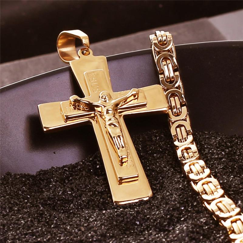 

Chains Men's Necklace Big Cross Pendant & Chain Mens Gold Color Stainless Steel Christian Necklaces Male Iced Out Bling Jewelry