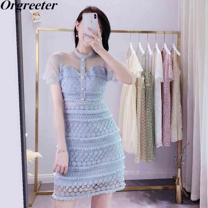 

Women's Summer Short Lace Dress Mesh splicing Stand collar Pearl button Hollow Tassel Sweet Light Blue Dresses 210525, Sky blue