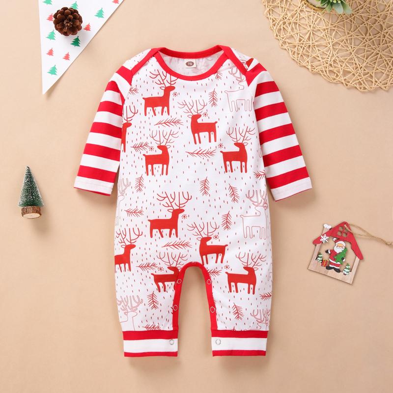 

Jumpsuits Born Boys And Girls Christmas Jumpsuit Elk Stripe Stitching Printed Long Sleeve Round Neck, Red