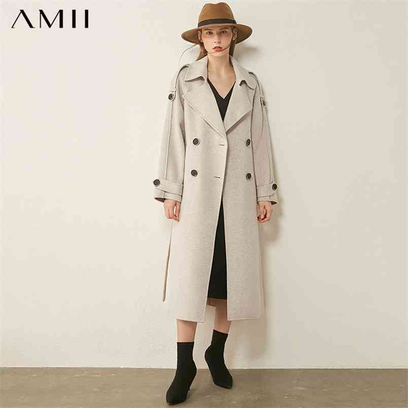 

Minimalism Winter Coat Women Simple Lapel Double breasted Belt Double-sided Woolen Female Jacket 12040652 210527, Apricot