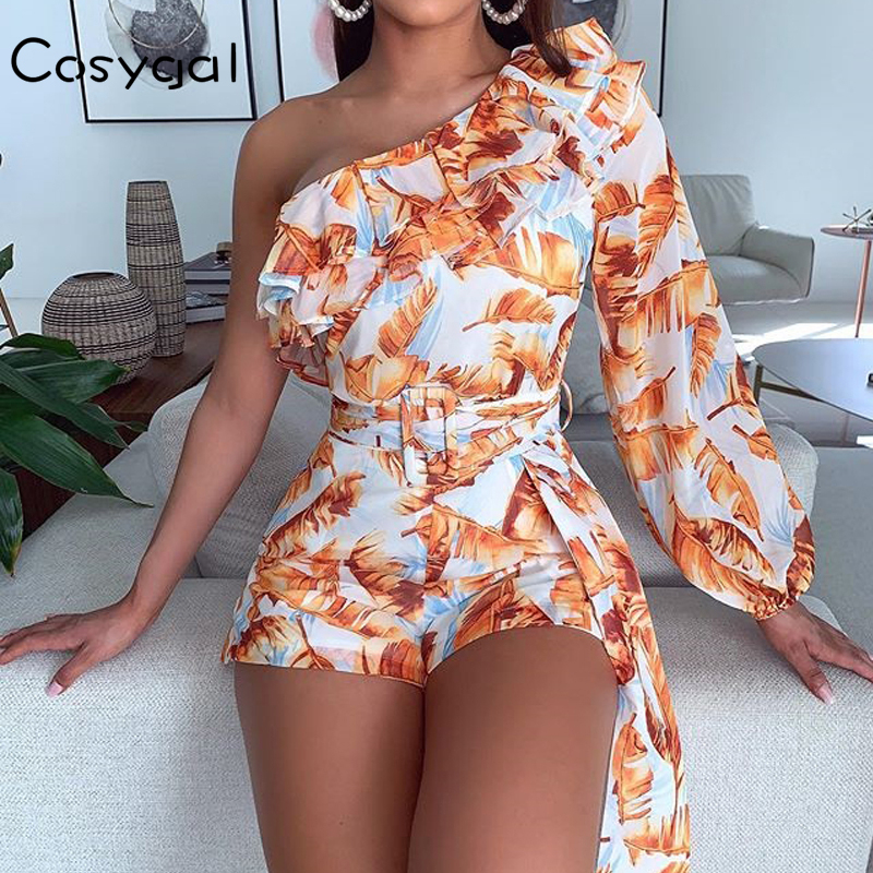 

COSYGAL Ruffles Floral Print Playsuit Boho One Shoulder Rompers Women Jumpsuit Summer Club Party Outfits Female Overalls 2021, Brown