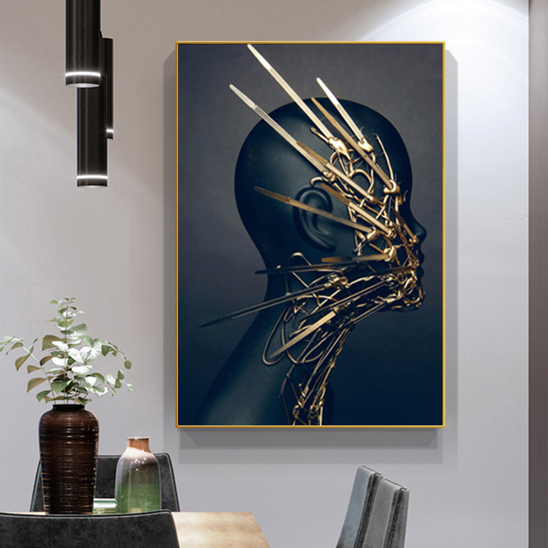 

Black Woman Gold Abstract Painting Canvas Prints Portrait Posters Wall Art Pictures for Living Room Home Decoration