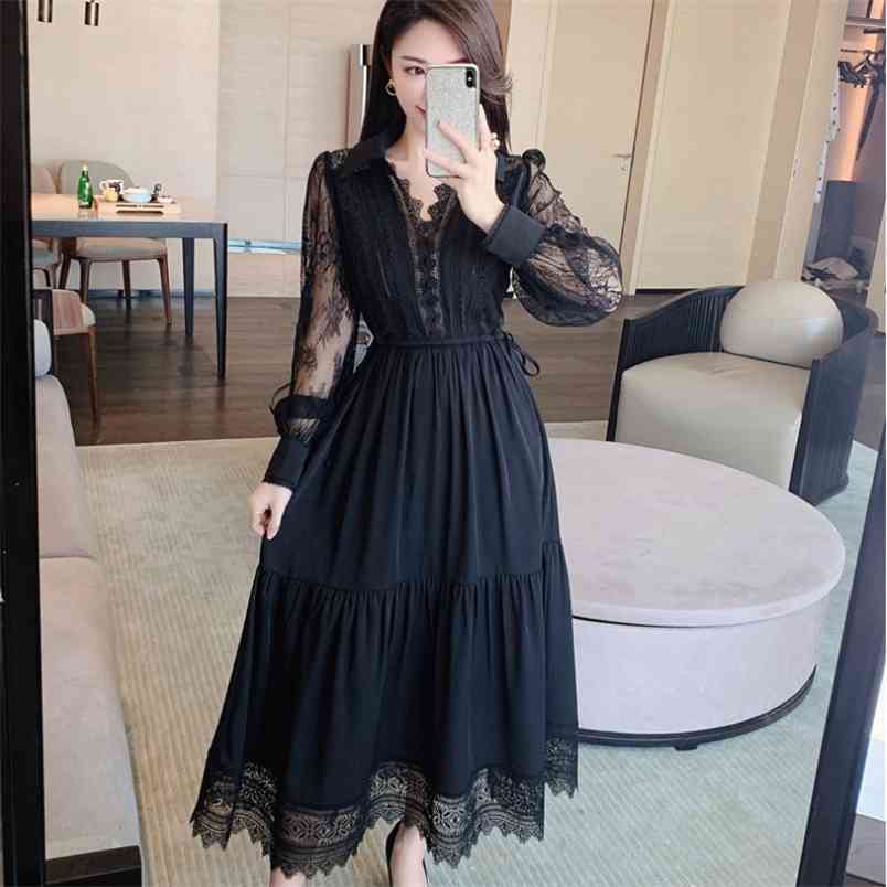 

Spring Elegant Lace Patchwork V-Neck Long Sleeve Party Dress Female Vintage Women High Waist Holiday Maxi Vestidos 210519, Black
