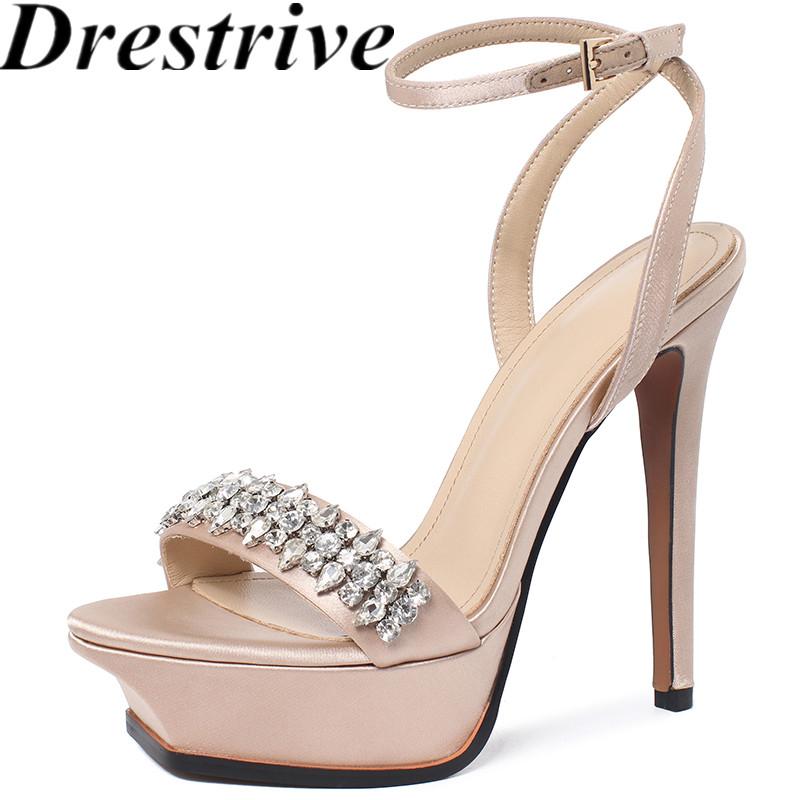 

Drestrive Women Sandals Satin Round Toe Crystal Platform 2021 Summer Thin High Heel Shoes Party Manual Custom Black
