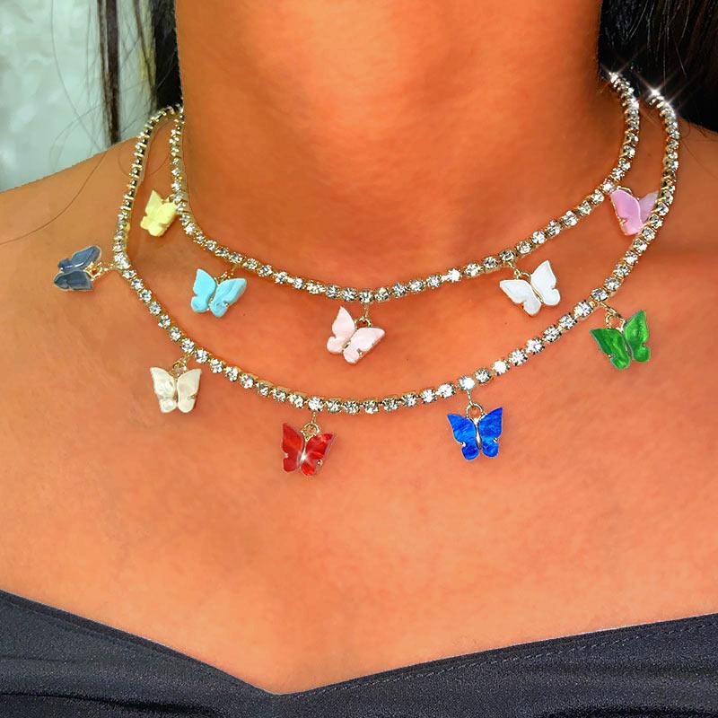 

Chains Bling Tennis Chain Acrylic Butterfly Pendant Necklaces Gold Silver Color Crystal For Women Boho Fashion Jewelry