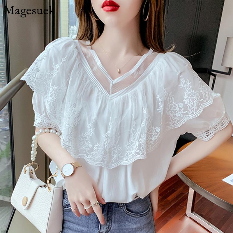 

Women's Blouses & Shirts Summer White Short Sleeve Blouse Women 2021 Korean Loose Embroidery Floral Shirt V-neck Ruffles Elegant Tops Lady C