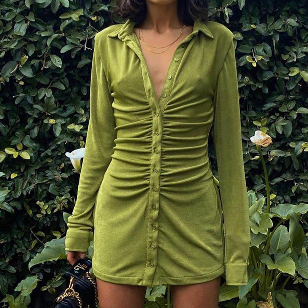Sexy Mini Slim Dress Women Green Club Party Dress Turn-Down Collar Button Short Dresses Female Elegant Streetwear Shirt Vestidos-image-701768312