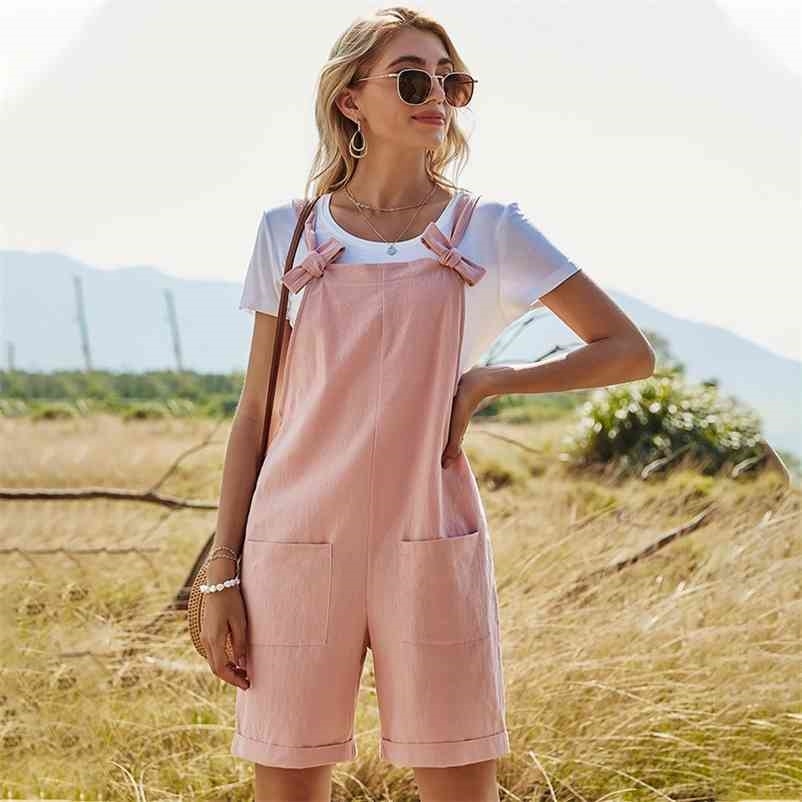 

spring solid color straight high waist pocket cute denim jumpsuit rompers for women Pockets casual Summer 210517, Beige