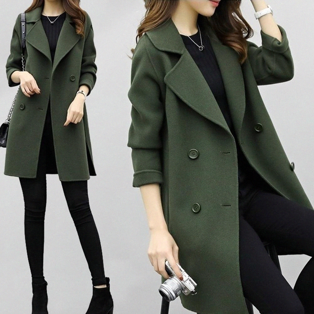 

Coat Women Autumn Winter Jackets Solid Color Lapel Double-breasted Woolen Midi Trench Coat Loose Long Sleeve Jacket Warm Keeping s5nG#, Black